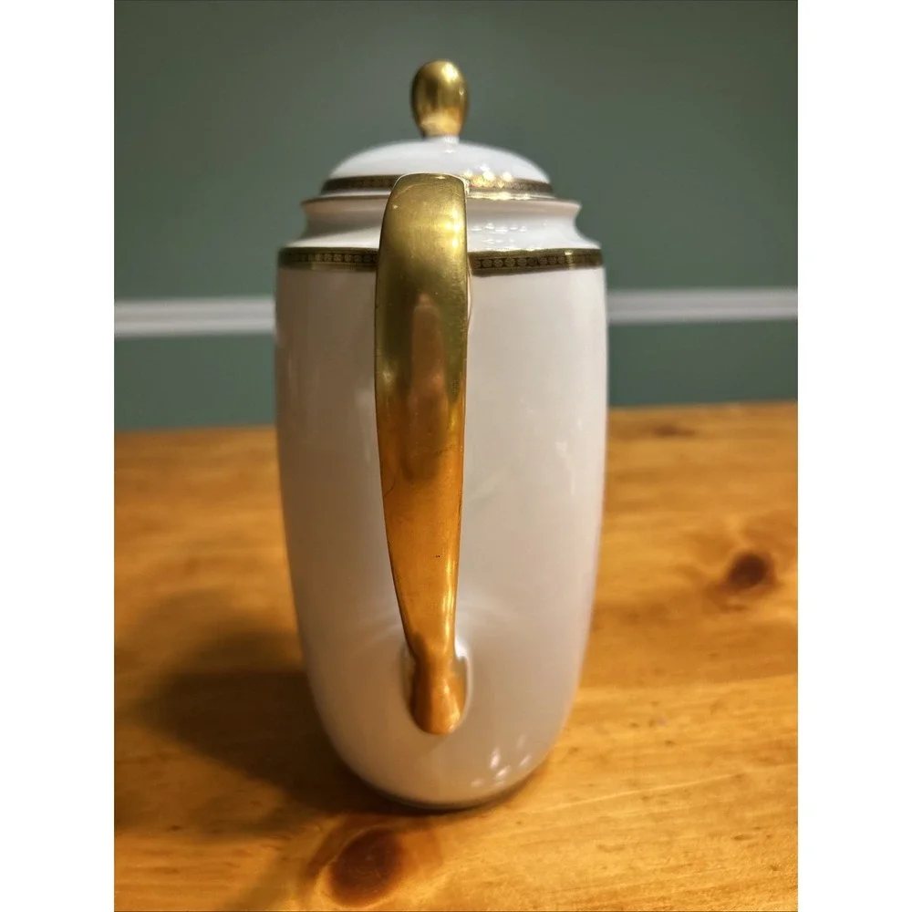 Vintage White Porcelain Coffee Pot Gold Black Greek‎ Key Trim Gilded Tea Server